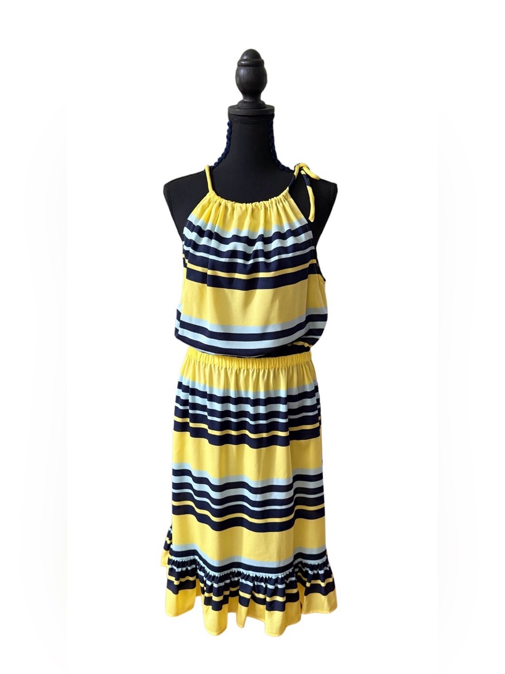 Joe Fresh Yellow, Navy & Light Blue Striped Halter Midi Dress